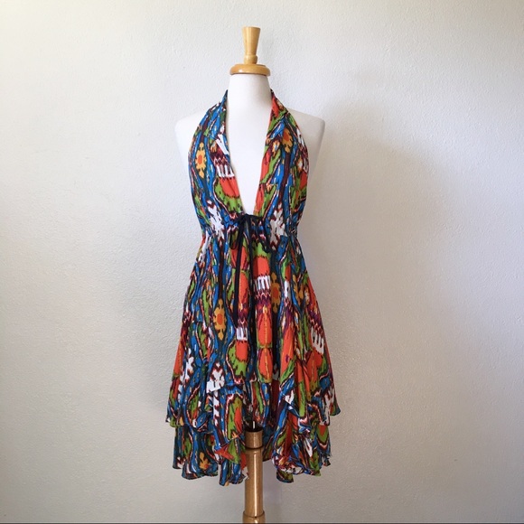 Free People Halter Ikat Print Tiered Hi-Low Dress Flowy Beach sz M - Picture 3 of 8